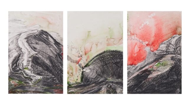 Volcano Triptych 3/21 from Quiet as drawings, 2021. Three watercolor drawings of volcano and woman standing next to volcano