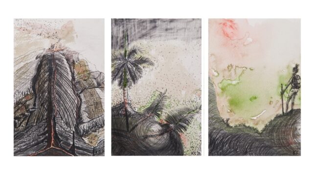 Three drawings of a volcano erupting, palm tree and woman standing near the volcano