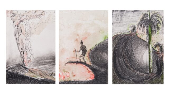 Volcano Triptych 6/21 from Quiet as drawings, 2021. Three watercolor drawings of volcano and woman standing next to volcano