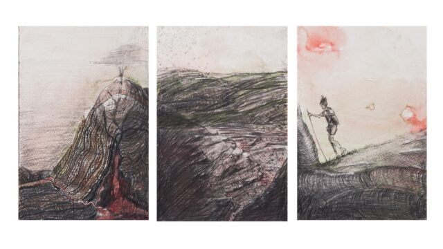 Volcano Triptych 9/21 from Quiet as drawings, 2021. Three watercolor drawings of volcano and woman standing next to volcano