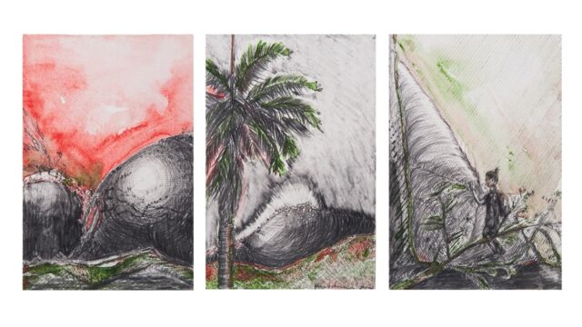 Volcano Triptych 7/21 from Quiet as drawings, 2021. Three watercolor drawings of volcano and woman standing next to volcano