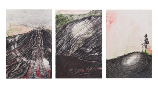 Volcano Triptych 10/21 from Quiet as drawings, 2021. Three watercolor drawings of volcano and woman standing next to volcano