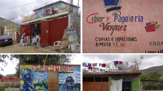 Shops around Santa Cruz Xoxocotlán. The shops in these photographs reveal a mixture of rural and urban elements that characterize Santa Cruz Xoxocotlán. At top left, the household goods store sells hardware, utensils, and food behind a barn-like enclosure. At top right, the Vasquez family's business is close enough to the main road to offer internet connection, black and white photocopies, and X Box stations. Another family sells tlayudas out of this corrugated metal shed with bright, Indigenous-themed murals on the lower left. To the right, a family opened this small shop next to their garage, selling cards, gifts, and telephone service. A composite of four images of colorful painted storefronts