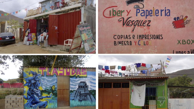 Shops around Santa Cruz Xoxocotlán. The shops in these photographs reveal a mixture of rural and urban elements that characterize Santa Cruz Xoxocotlán. At top left, the household goods store sells hardware, utensils, and food behind a barn-like enclosure. At top right, the Vasquez family's business is close enough to the main road to offer internet connection, black and white photocopies, and X Box stations. Another family sells tlayudas out of this corrugated metal shed with bright, Indigenous-themed murals on the lower left. To the right, a family opened this small shop next to their garage, selling cards, gifts, and telephone service. A composite of four images of colorful painted storefronts