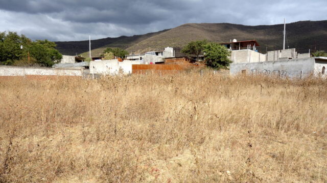 New construction in Santa Cruz Xoxocotlán. Throughout the municipality of Santa Cruz Xoxocotlán, the once mixed agricultural and pastoral communities are undergoing significant and rapid change. Areas like Colonia Buena Vista, shown above, are home both to older villagers as well as suburban commuters who have built many new houses in the area, drawn by the availability of relatively cheap land and close proximity to Oaxaca City, which is only 10 kilometers to the north. This outmigration of urban dwellers has led to increased inequality in the peri-urban landscapes. A grassy field in the foreground with houses behind it.