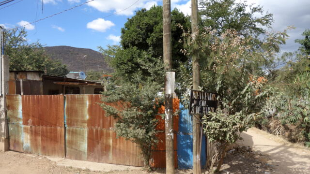 Colonia 21 de Marzo, Santa Cruz Xoxocotlán. On the one hand, the colonia is organized on a small grid with street signs, electric and telephone service, and other urban elements. On the other hand, roads remain largely unpaved, corrugated metal fencing and roofing is common, and houses are interspersed with open land. Many families in this colonia split their economic activity between local work as farm laborers and household producers (raising chickens especially) and jobs in Oaxaca City as drivers, kitchen workers, and street vendors. A corrugated metal fence forms the boundary of a house's compound along a dirt road