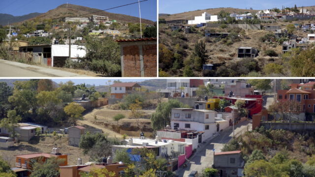 Rapid growth in San Felipe del Agua. Because of its proximity to the center of Oaxaca City, land around the old village of San Felipe del Agua has become increasingly valuable for new residential construction. The relatively steep topography requires builders to grade the slopes into terraces. As a result of new subdivisions, farm and pastureland has been broken into smaller and smaller pieces, interspersed with housing developments. Any traces of the old moraine forest are largely gone at this latitude, though ecological preserves can be found higher up in the surrounding Sierra Madres. three images of new housing built on hillsides