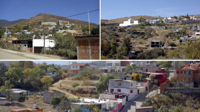 Rapid growth in San Felipe del Agua. Because of its proximity to the center of Oaxaca City, land around the old village of San Felipe del Agua has become increasingly valuable for new residential construction. The relatively steep topography requires builders to grade the slopes into terraces. As a result of new subdivisions, farm and pastureland has been broken into smaller and smaller pieces, interspersed with housing developments. Any traces of the old moraine forest are largely gone at this latitude, though ecological preserves can be found higher up in the surrounding Sierra Madres. three images of new housing built on hillsides