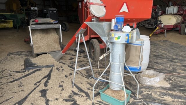 An improvised yet successful hulling of the Kernza utilizing a leaf vacuum at the Gasser farmstead. Photo by the author, 2022. Grain processing equipment in a barn